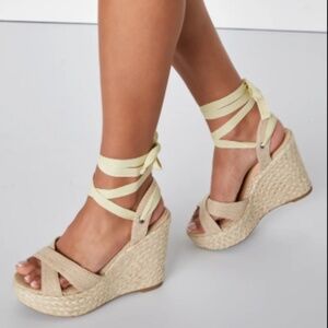 Lulu's Neutral Espadrille Wedges with Sage Green Laces